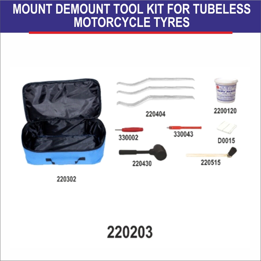 “Do-it Yourself” (DIY) –Manually Mount/Demount Tool Kit for a Motorcycle Tubeless Tyre.